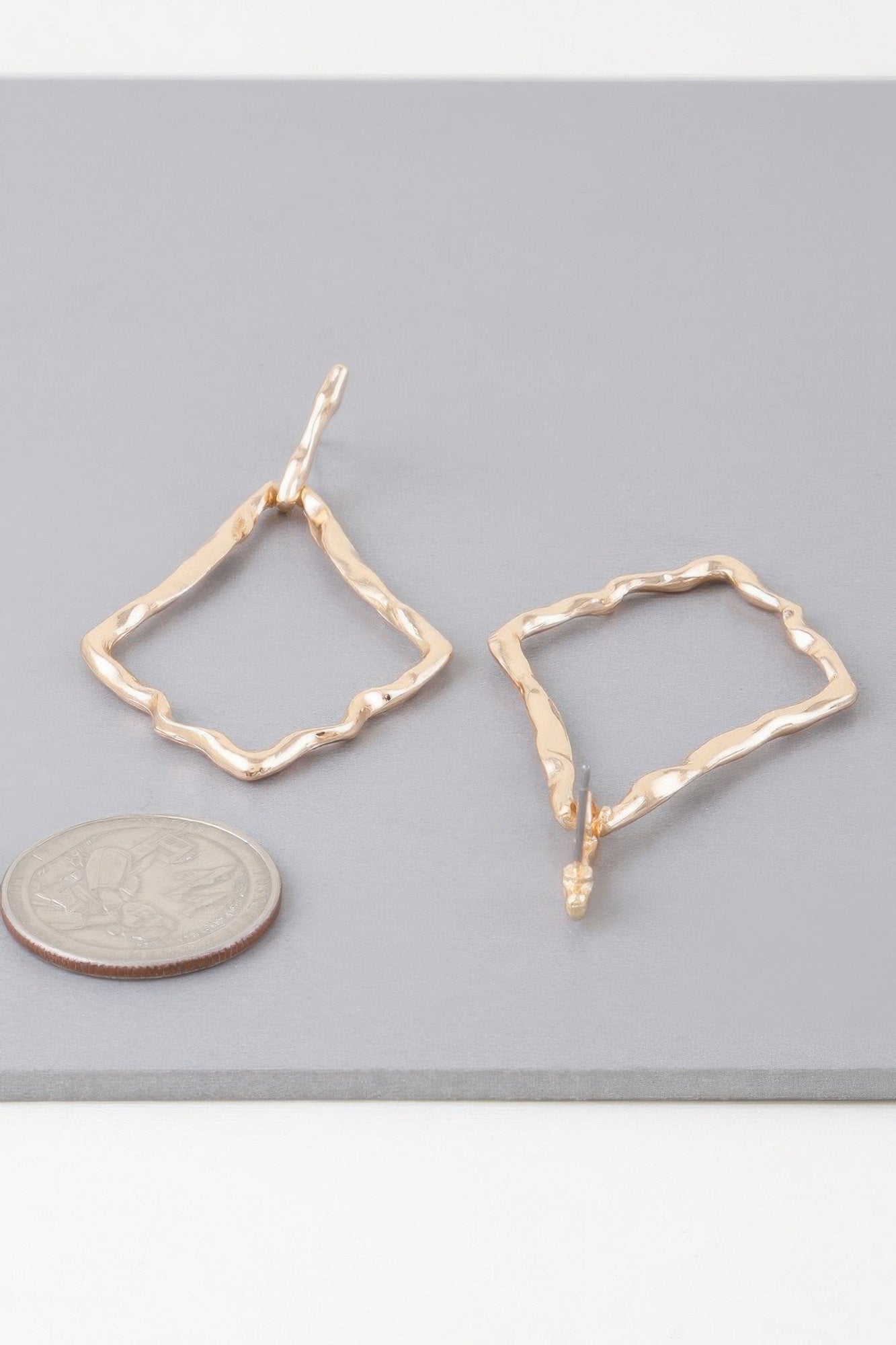 Gold tone hammered kite earrings, square open diamond hoops with hooks