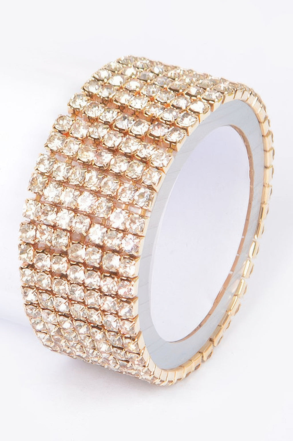 Shiny rhinestone bracelet, gold-toned crystal rows on hinged cuff