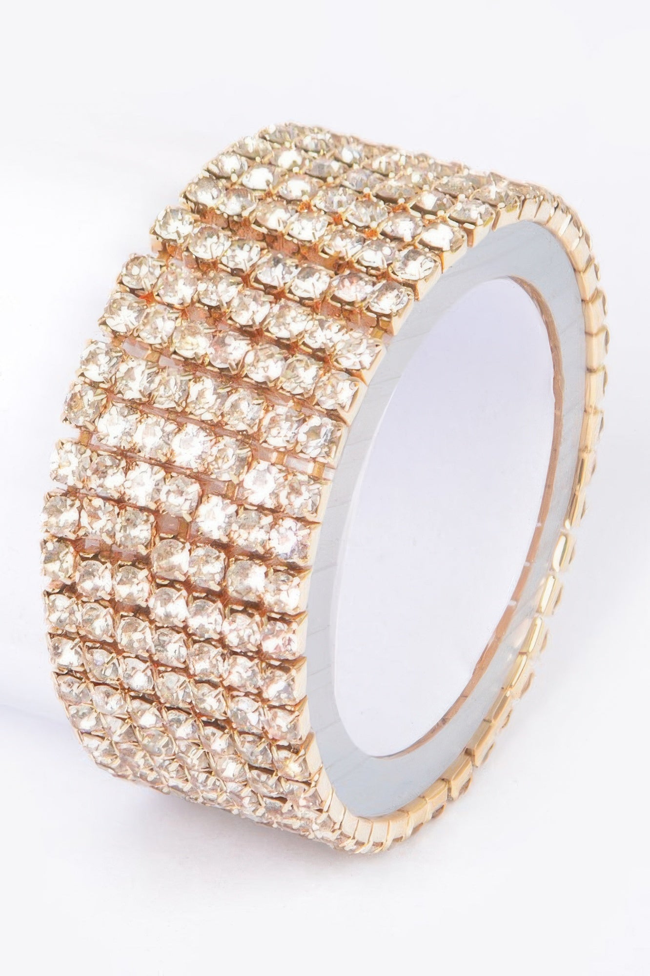 Shiny rhinestone bracelet, gold-toned crystal rows on hinged cuff