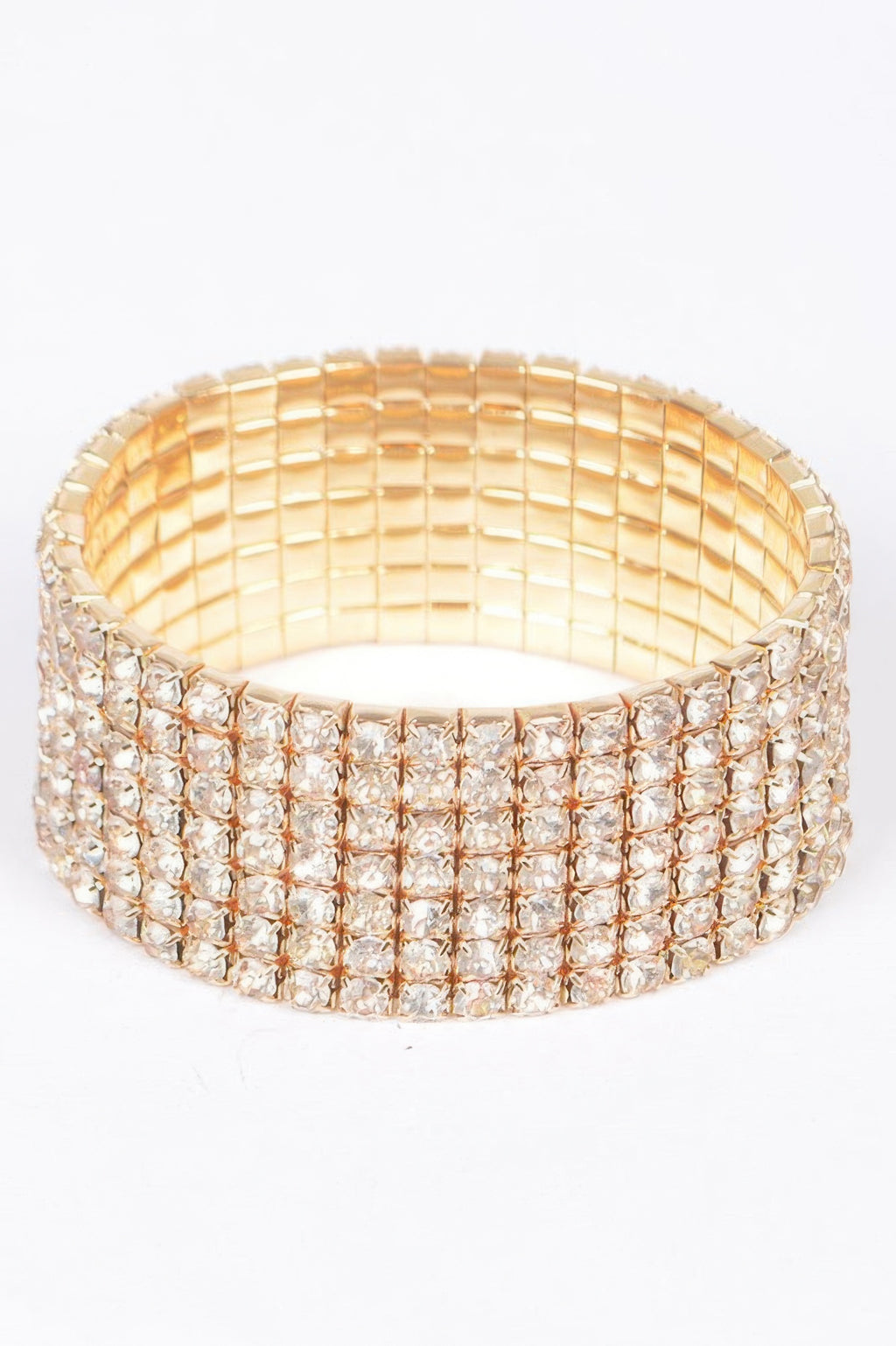 Gold-toned shiny rhinestone bracelet, wide cuff with sparkle grid design