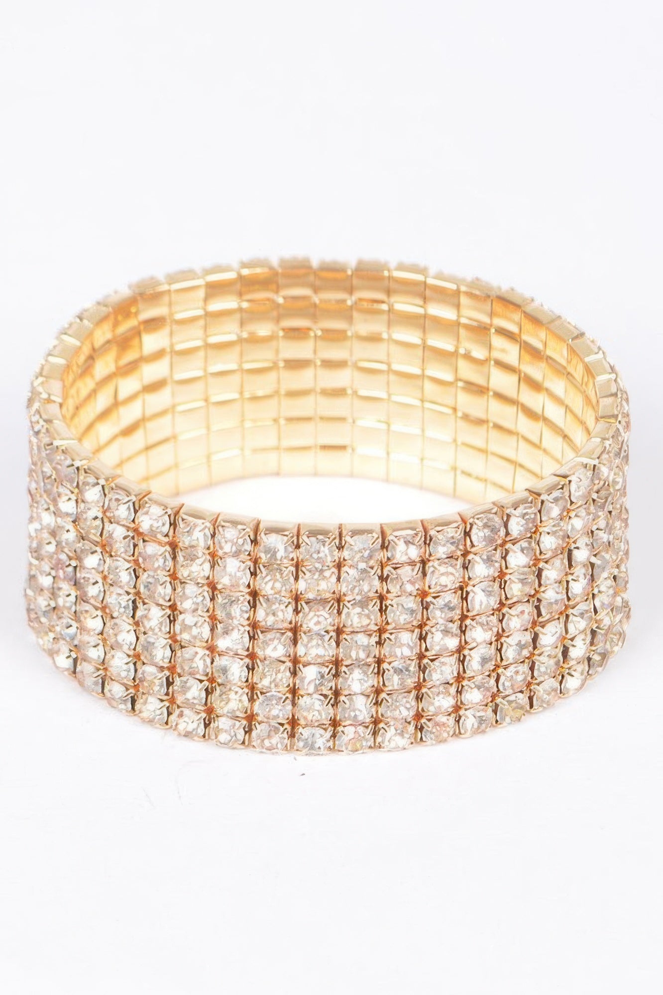 Gold-toned shiny rhinestone bracelet, wide cuff with sparkle grid design