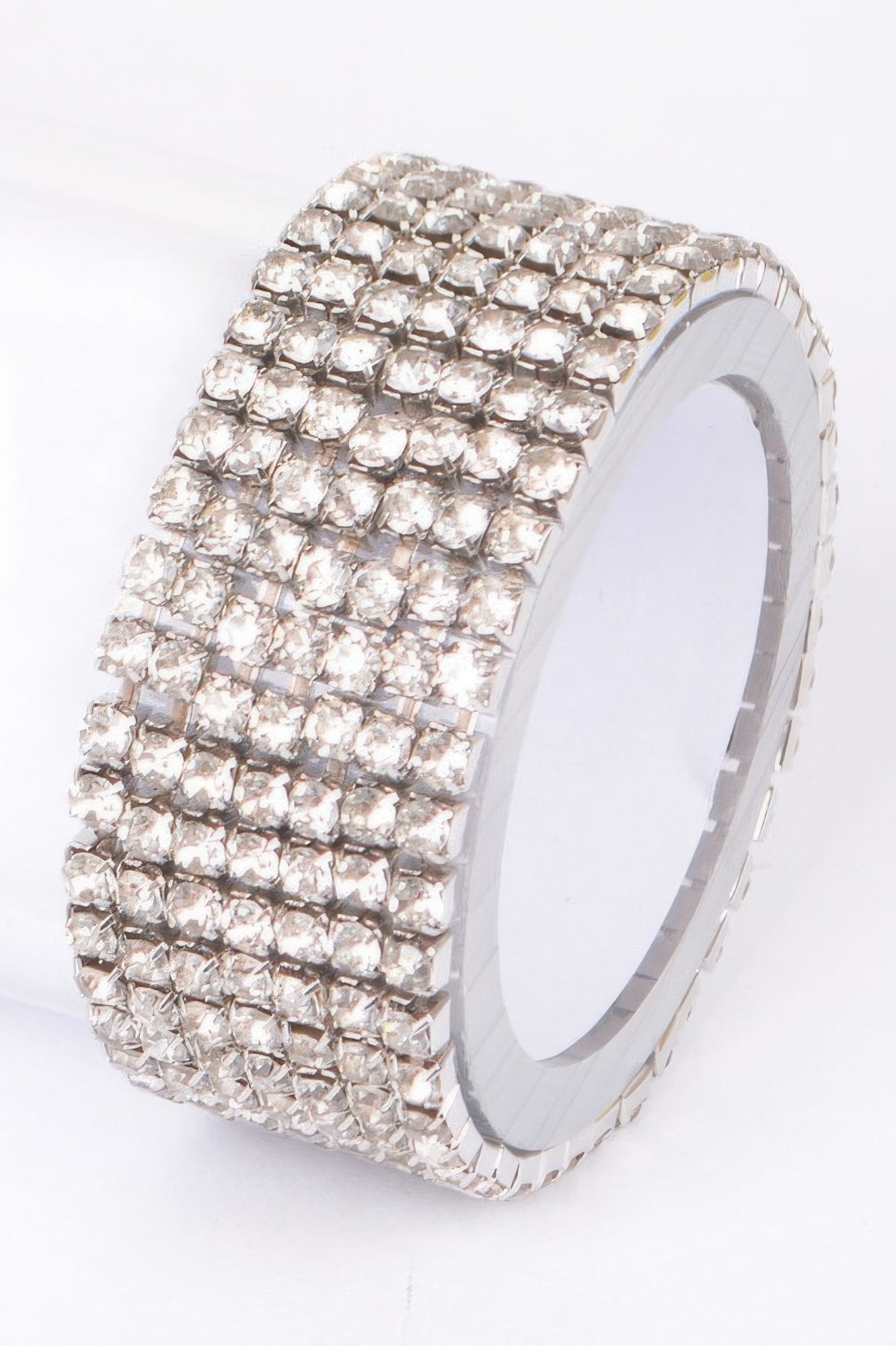 Shiny rhinestone bracelet, silver-toned crystal rows on hinged cuff