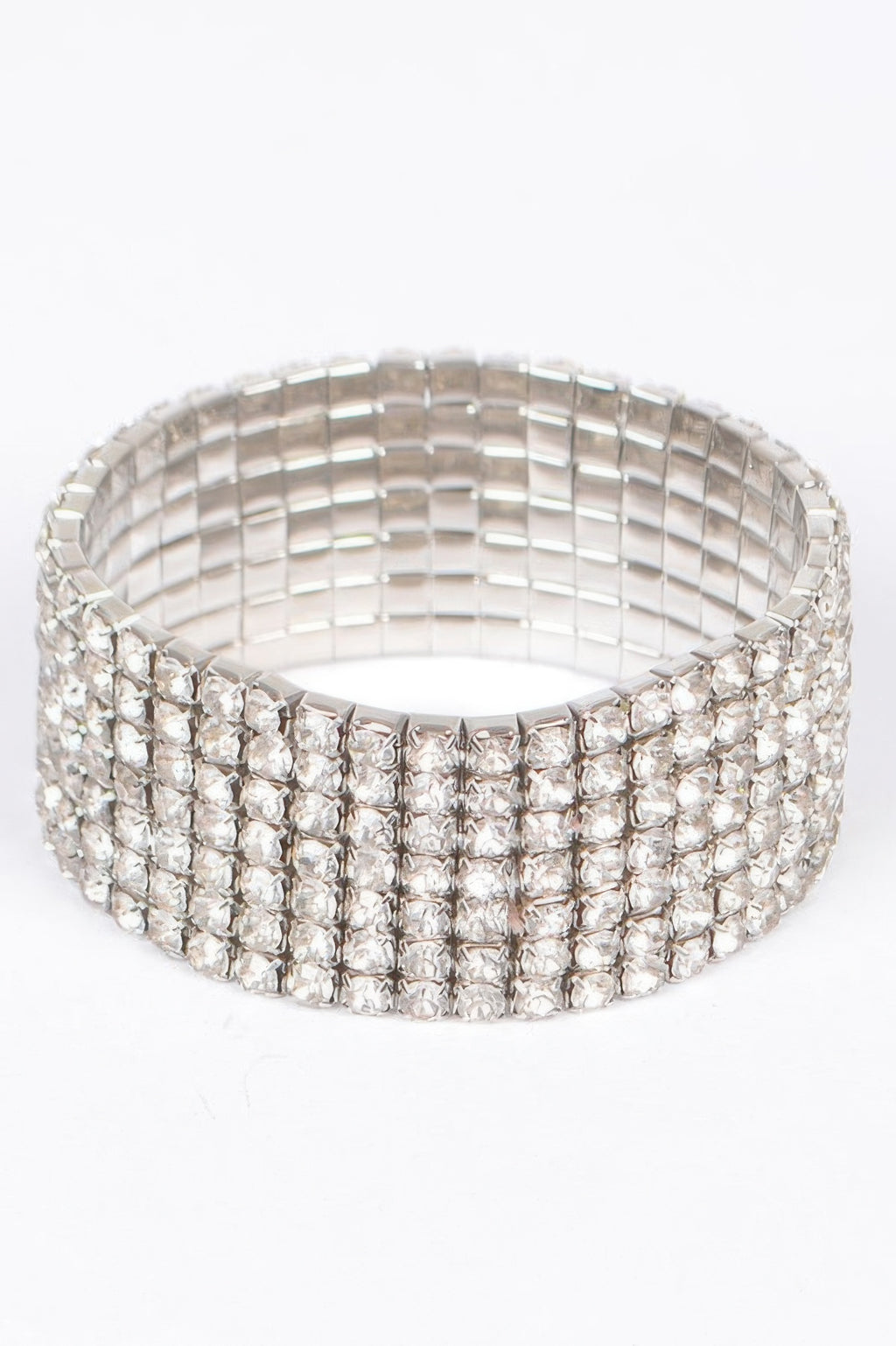 Silver-toned shiny rhinestone bracelet, wide cuff with square crystal lattice
