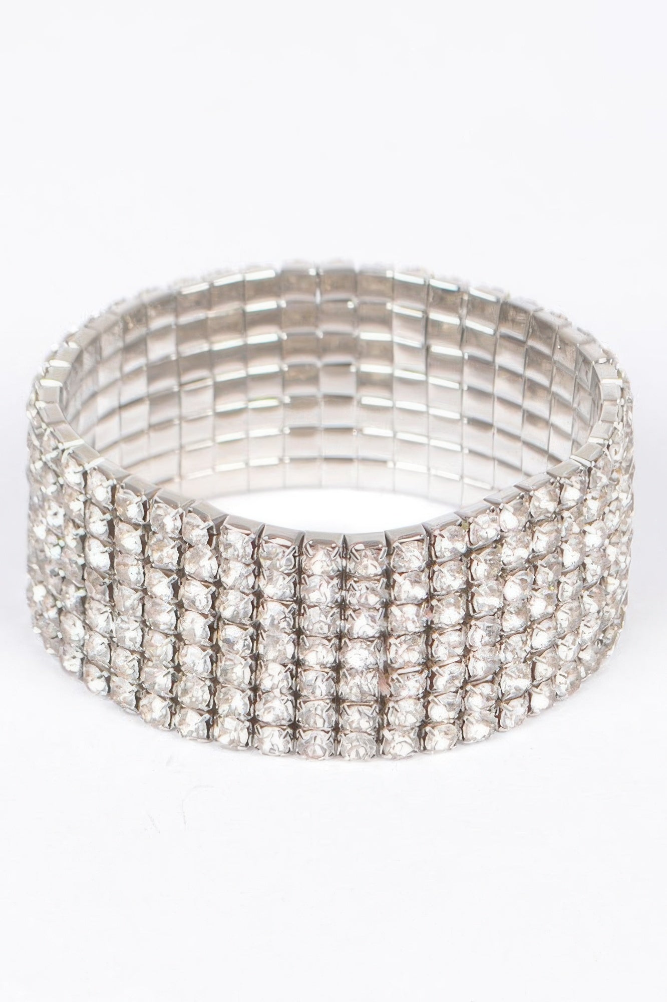 Silver-toned shiny rhinestone bracelet, wide cuff with square crystal lattice