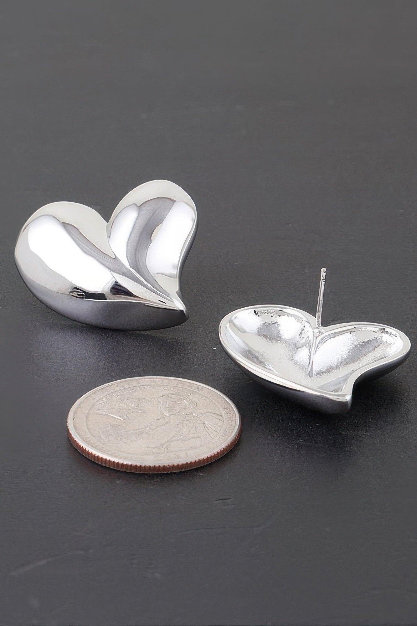 Shiny twin hearts earrings in silver-tone, mirrored heart studs with post