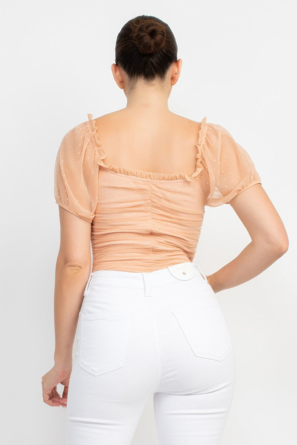 Tan shirred mesh sleeve bodysuit, back view with ruched seam details