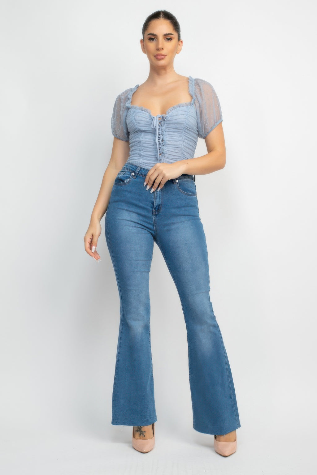 Shirred mesh sleeve bodysuit in light denim, short puff sleeves