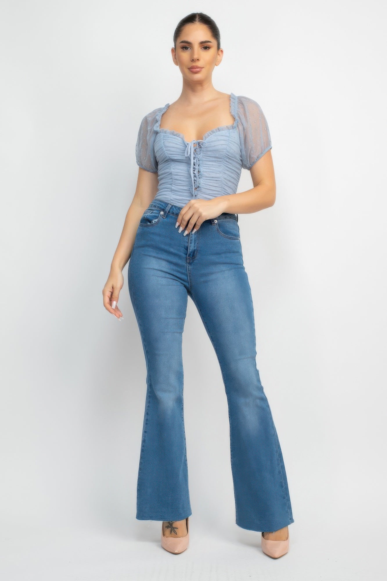 Shirred mesh sleeve bodysuit in light denim, short puff sleeves