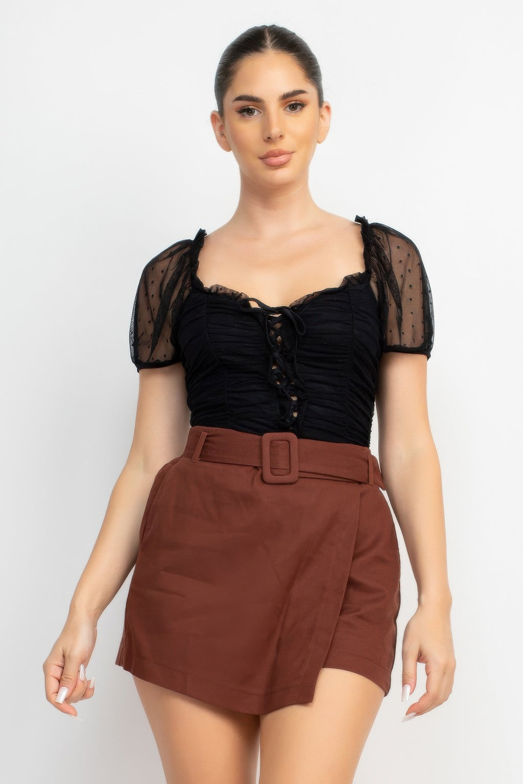 Black shirred mesh sleeve bodysuit, puff sleeves with lace-up neckline