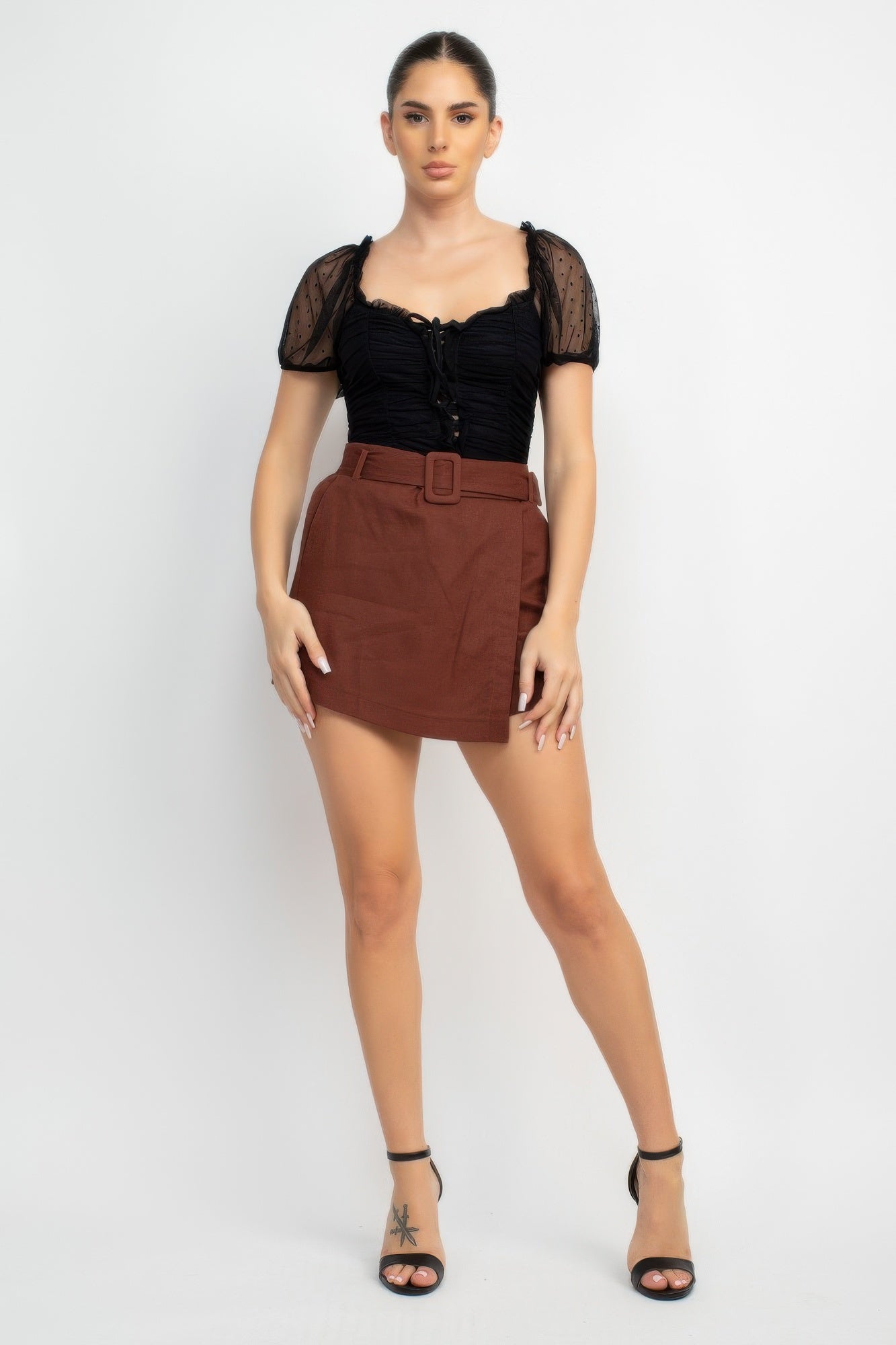 Black shirred mesh sleeve bodysuit, square neckline and short mesh puff sleeves