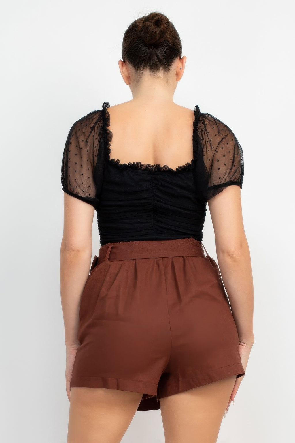 Black shirred mesh sleeve bodysuit, ruched back with puff sleeves