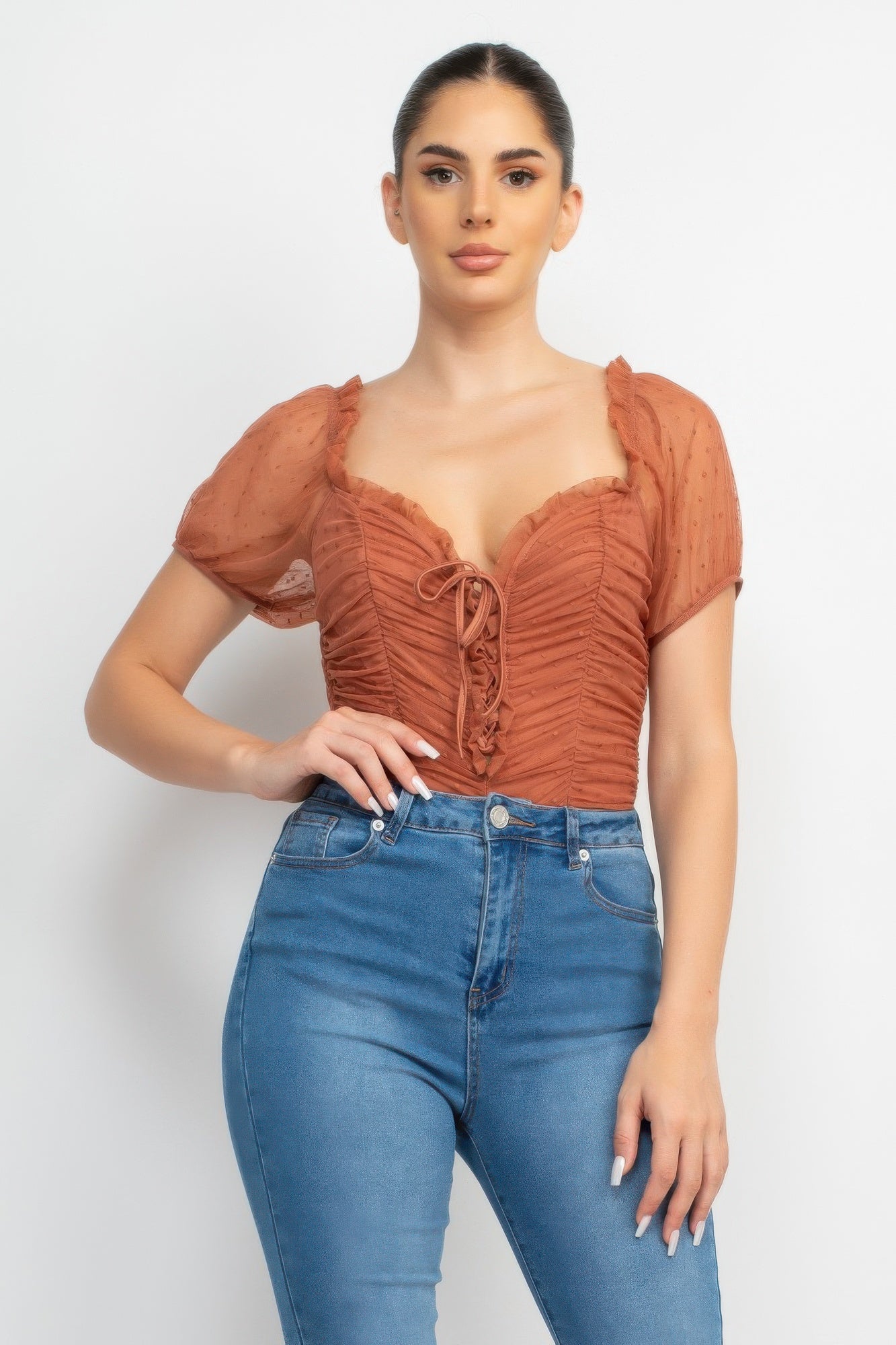 Shirred mesh sleeve bodysuit in cocoa brown, square neckline with lace-up front