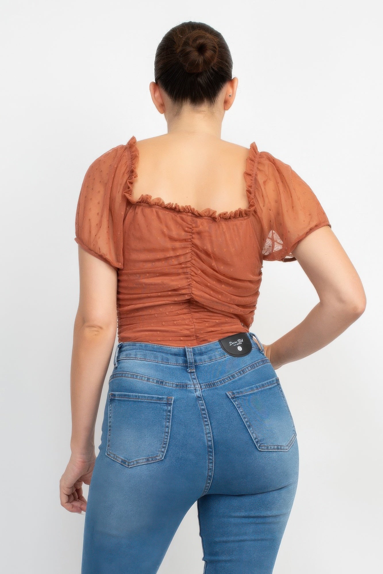 Cocoa brown mesh sleeve bodysuit, ruched back detail with elastic neckline