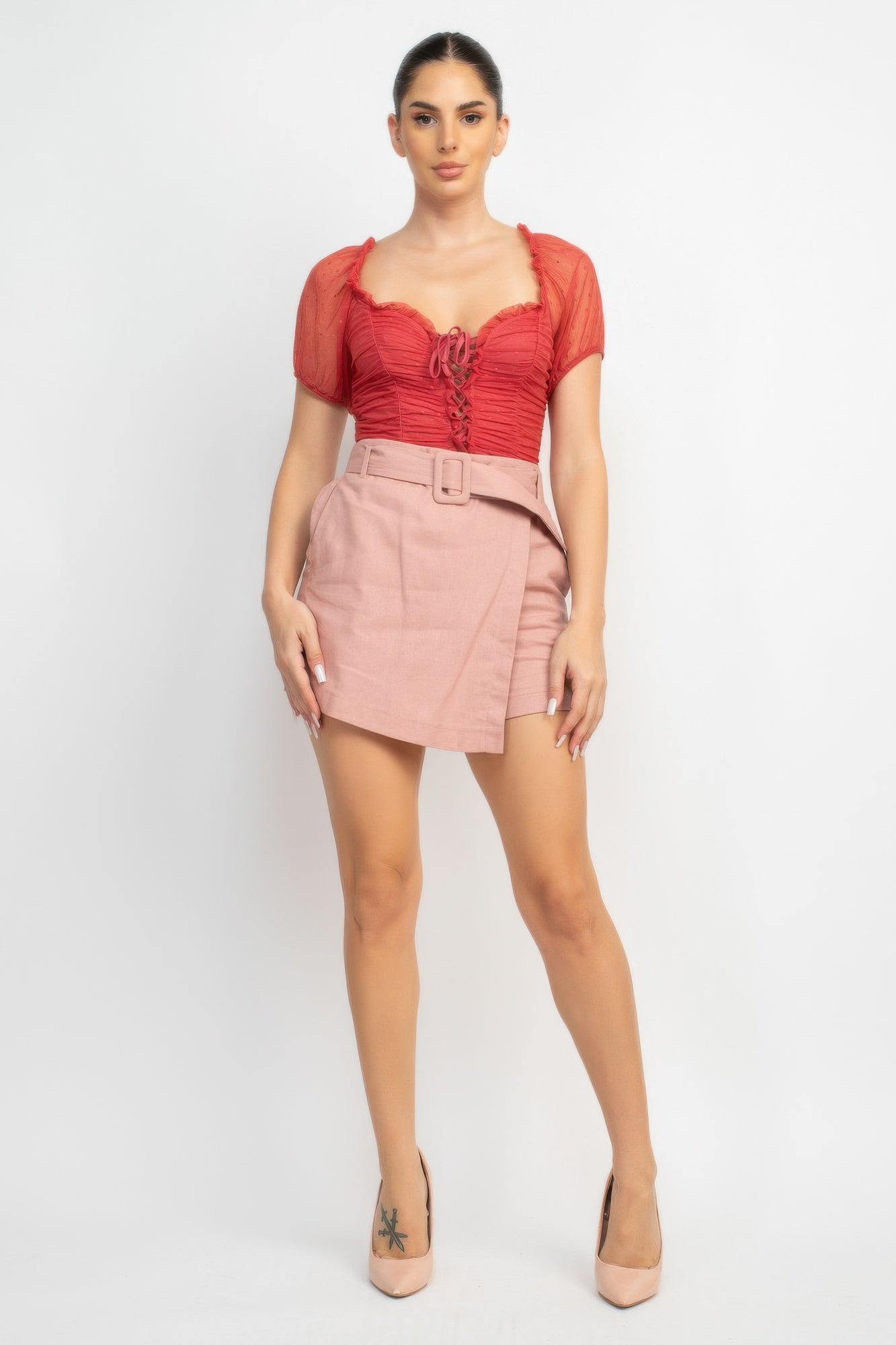 Rosy red shirred mesh sleeve bodysuit with square neckline and lace-up front