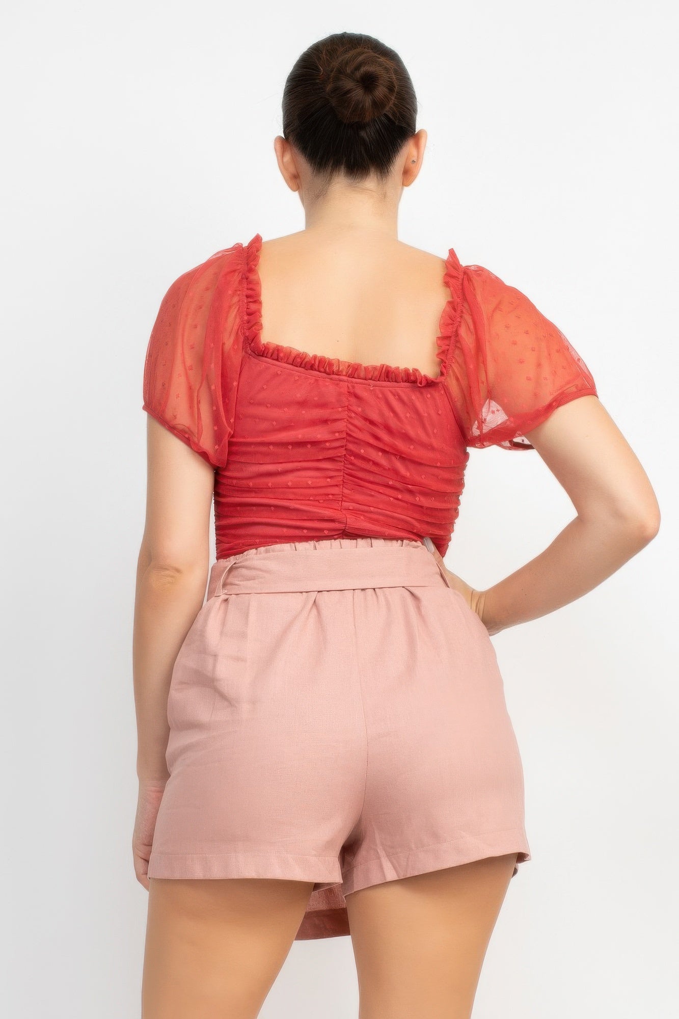 Rosy red mesh bodysuit from back, shirred texture and elastic square neckline