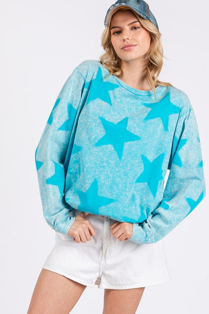 Aqua Blue Mineral Wash Star Pattern T-Shirt - Tigbul's Variety Fashion Shop