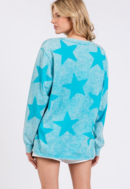 Aqua Blue Mineral Wash Star Pattern T-Shirt - Tigbul's Variety Fashion Shop