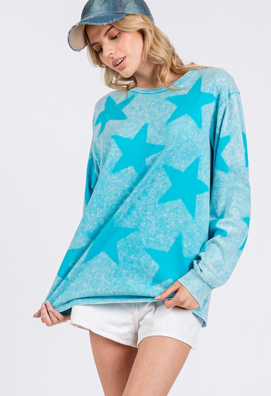 Aqua Blue Mineral Wash Star Pattern T-Shirt - Tigbul's Variety Fashion Shop