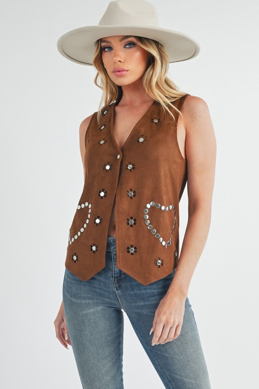 Brown Heart Rivet Detail Suede Vest Coat - Tigbul's Variety Fashion Shop