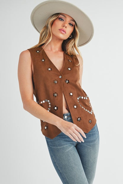 Brown Heart Rivet Detail Suede Vest Coat - Tigbul's Variety Fashion Shop
