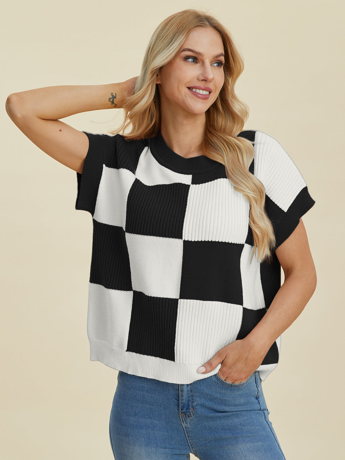 Double Take Full Size Checkered Round Neck Short Sleeve Sweater - Tigbul's Variety Fashion Shop