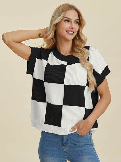 Double Take Full Size Checkered Round Neck Short Sleeve Sweater - Tigbul's Variety Fashion Shop