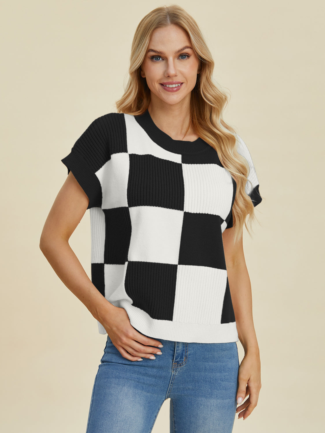 Double Take Full Size Checkered Round Neck Short Sleeve Sweater - Tigbul's Variety Fashion Shop