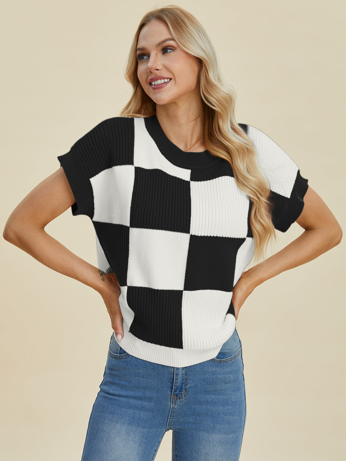 Double Take Full Size Checkered Round Neck Short Sleeve Sweater - Tigbul's Variety Fashion Shop