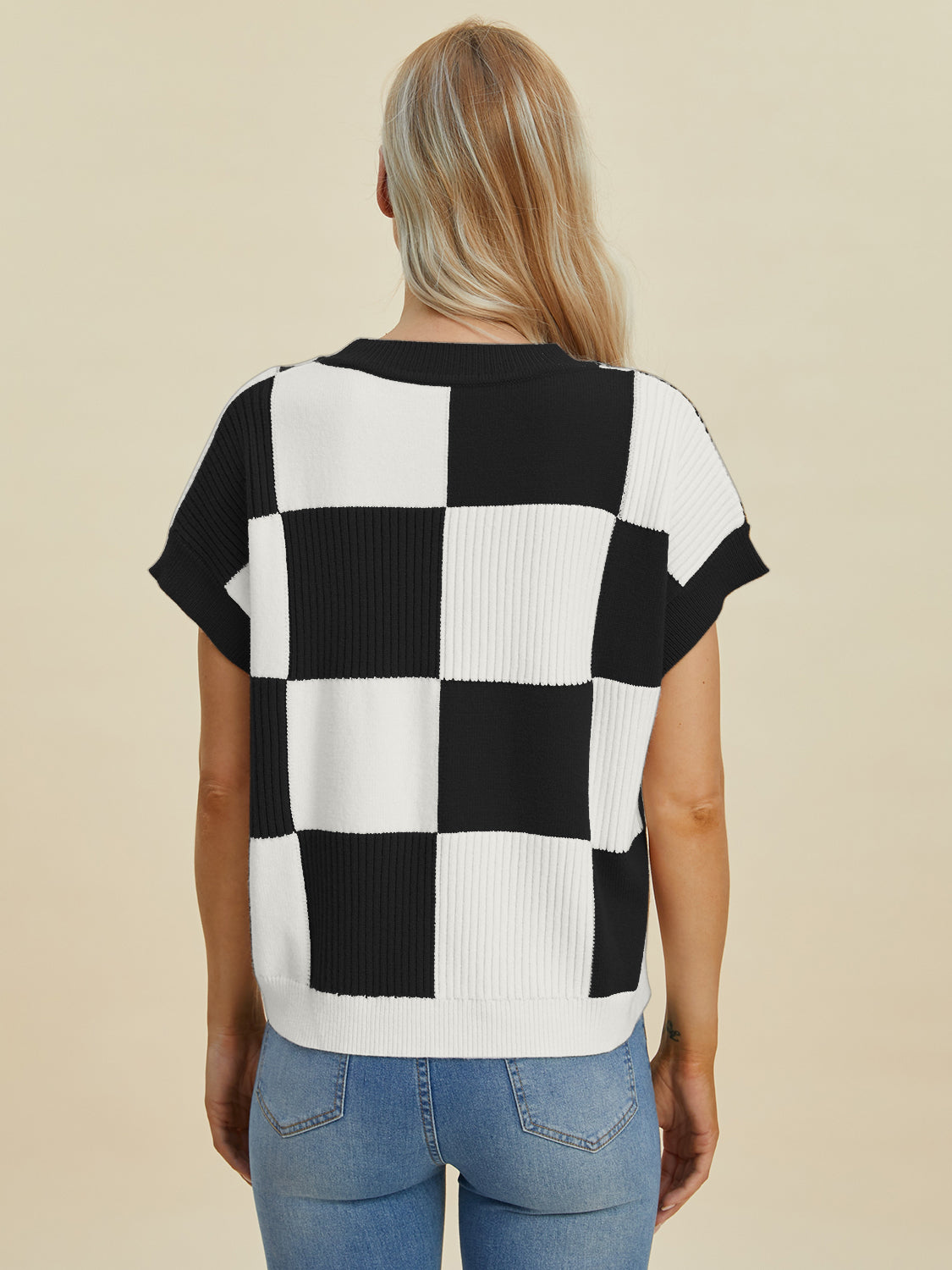 Double Take Full Size Checkered Round Neck Short Sleeve Sweater - Tigbul's Variety Fashion Shop
