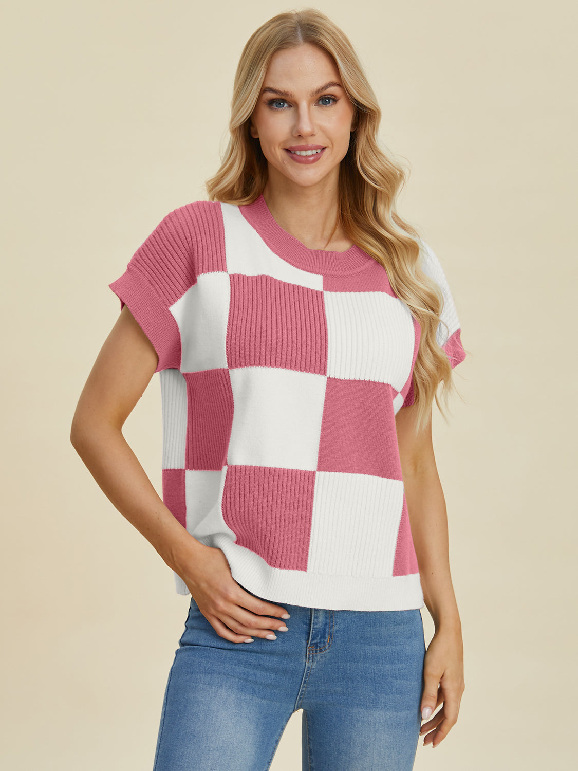 Double Take Full Size Checkered Round Neck Short Sleeve Sweater - Tigbul's Variety Fashion Shop