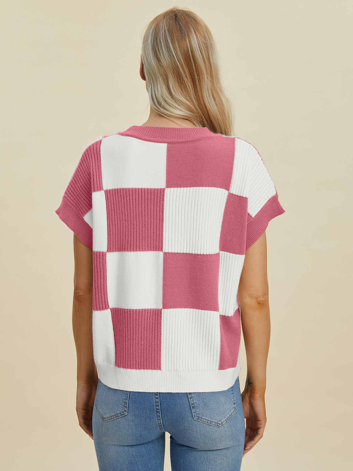 Double Take Full Size Checkered Round Neck Short Sleeve Sweater - Tigbul's Variety Fashion Shop