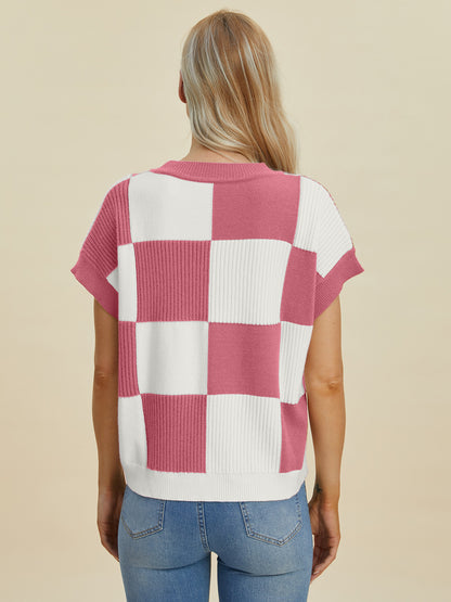 Double Take Full Size Checkered Round Neck Short Sleeve Sweater - Tigbul's Variety Fashion Shop
