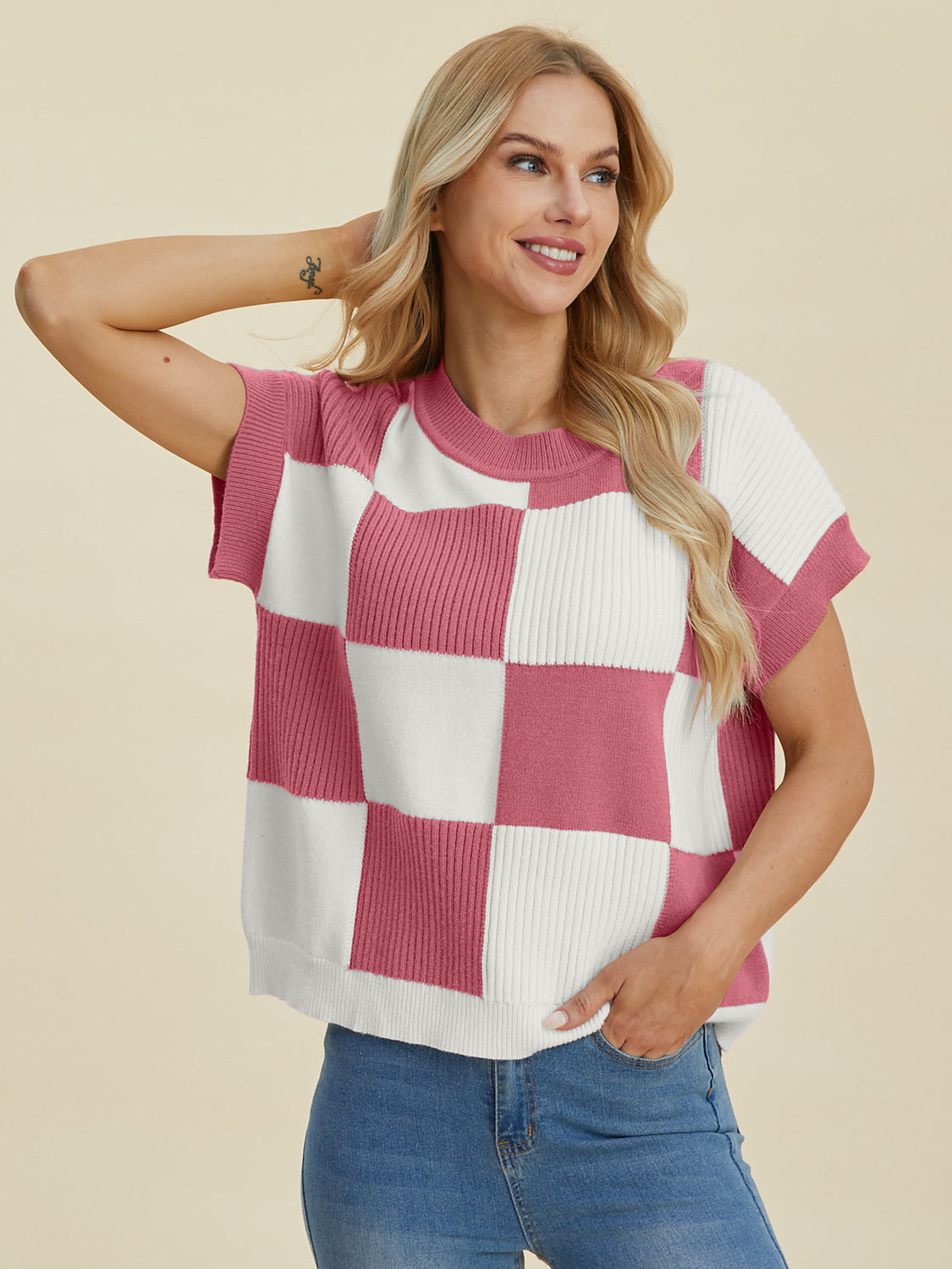 Double Take Full Size Checkered Round Neck Short Sleeve Sweater - Tigbul's Variety Fashion Shop