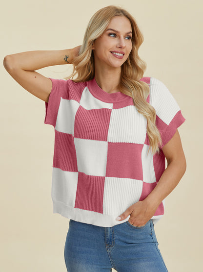 Double Take Full Size Checkered Round Neck Short Sleeve Sweater - Tigbul's Variety Fashion Shop