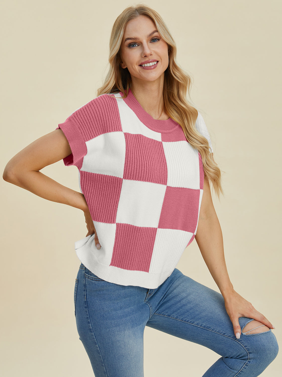 Double Take Full Size Checkered Round Neck Short Sleeve Sweater - Tigbul's Variety Fashion Shop