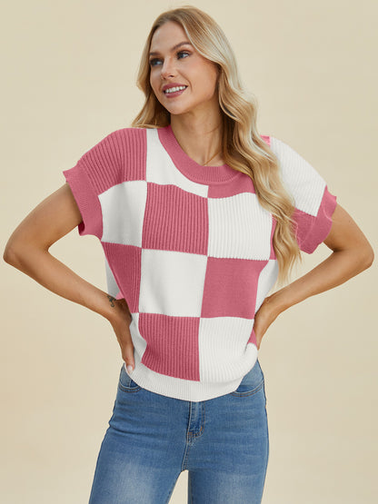 Double Take Full Size Checkered Round Neck Short Sleeve Sweater - Tigbul's Variety Fashion Shop