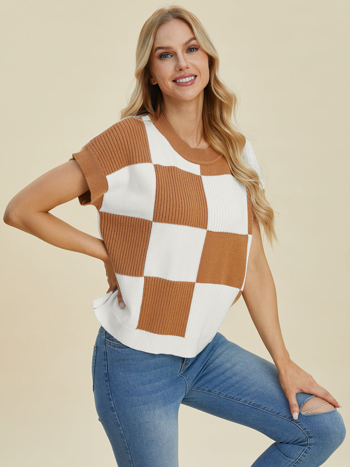Double Take Full Size Checkered Round Neck Short Sleeve Sweater - Tigbul's Variety Fashion Shop