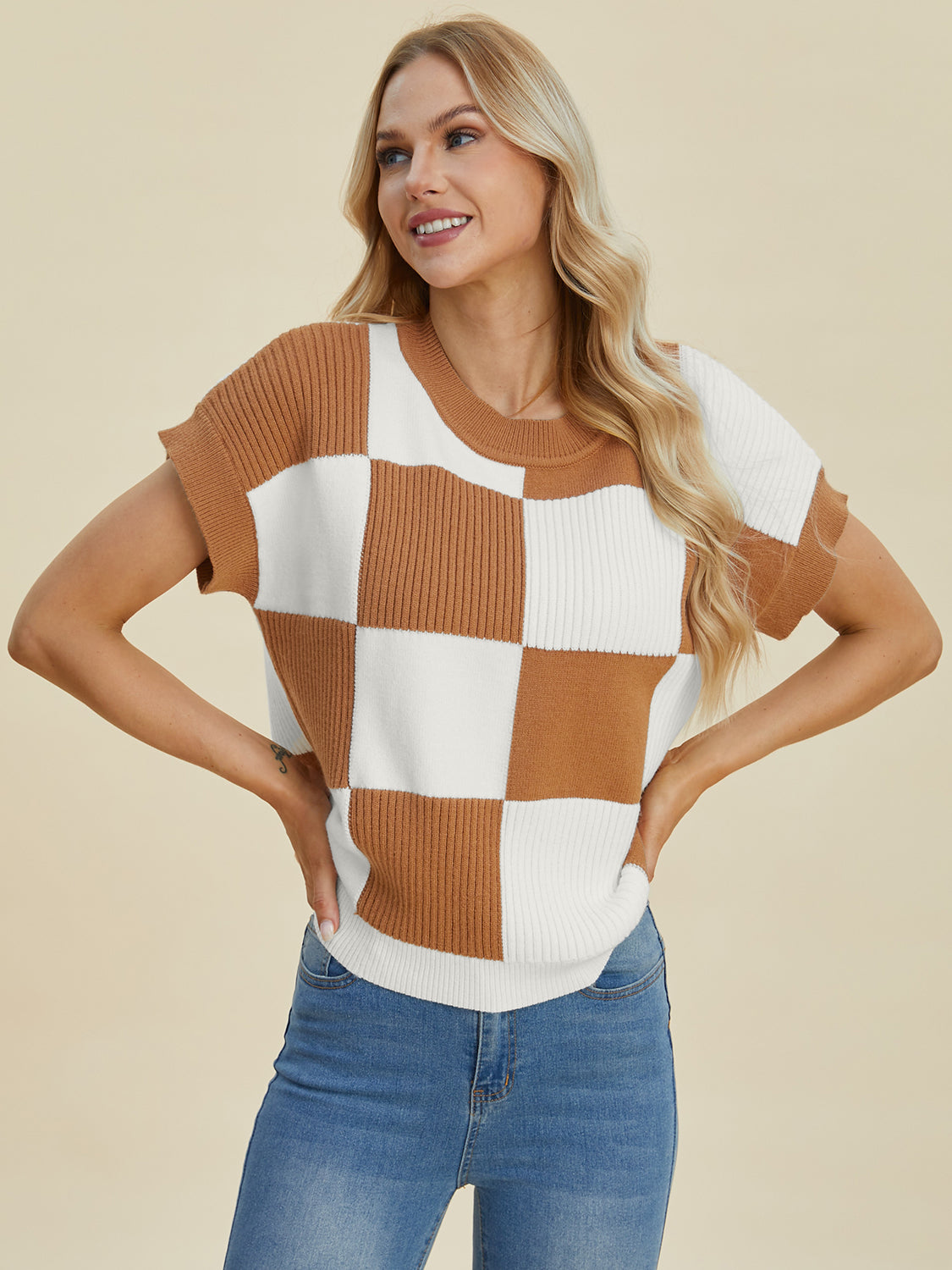 Double Take Full Size Checkered Round Neck Short Sleeve Sweater - Tigbul's Variety Fashion Shop