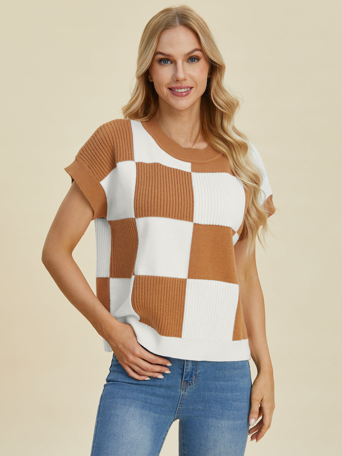 Double Take Full Size Checkered Round Neck Short Sleeve Sweater - Tigbul's Variety Fashion Shop