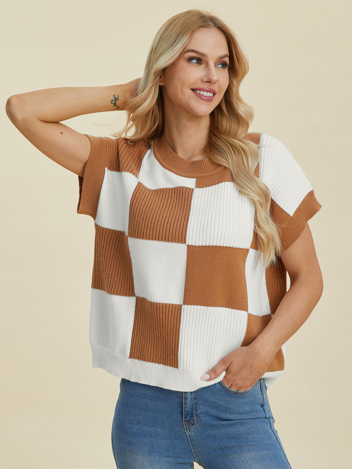 Double Take Full Size Checkered Round Neck Short Sleeve Sweater - Tigbul's Variety Fashion Shop
