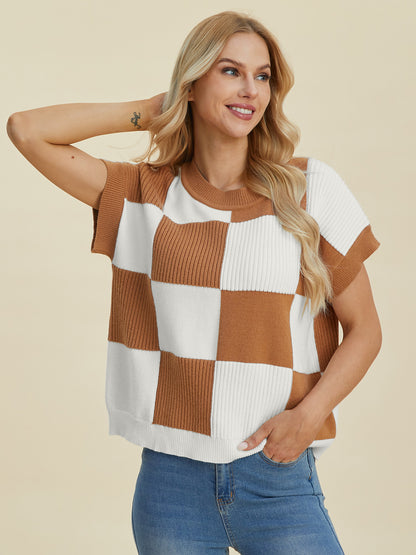 Double Take Full Size Checkered Round Neck Short Sleeve Sweater - Tigbul's Variety Fashion Shop