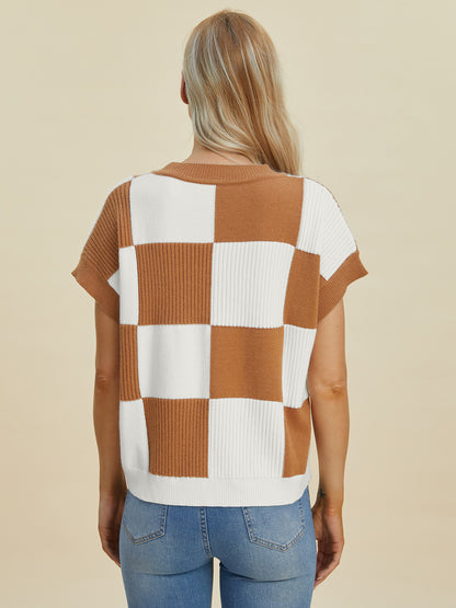 Double Take Full Size Checkered Round Neck Short Sleeve Sweater - Tigbul's Variety Fashion Shop