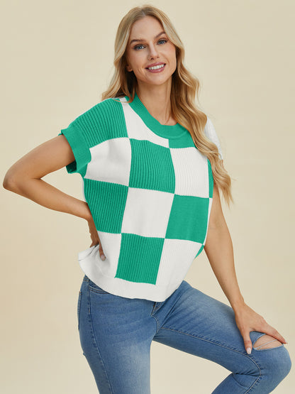 Double Take Full Size Checkered Round Neck Short Sleeve Sweater - Tigbul's Variety Fashion Shop