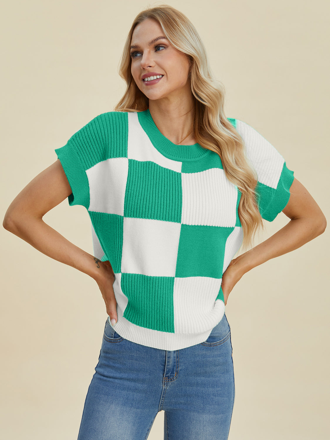 Double Take Full Size Checkered Round Neck Short Sleeve Sweater - Tigbul's Variety Fashion Shop