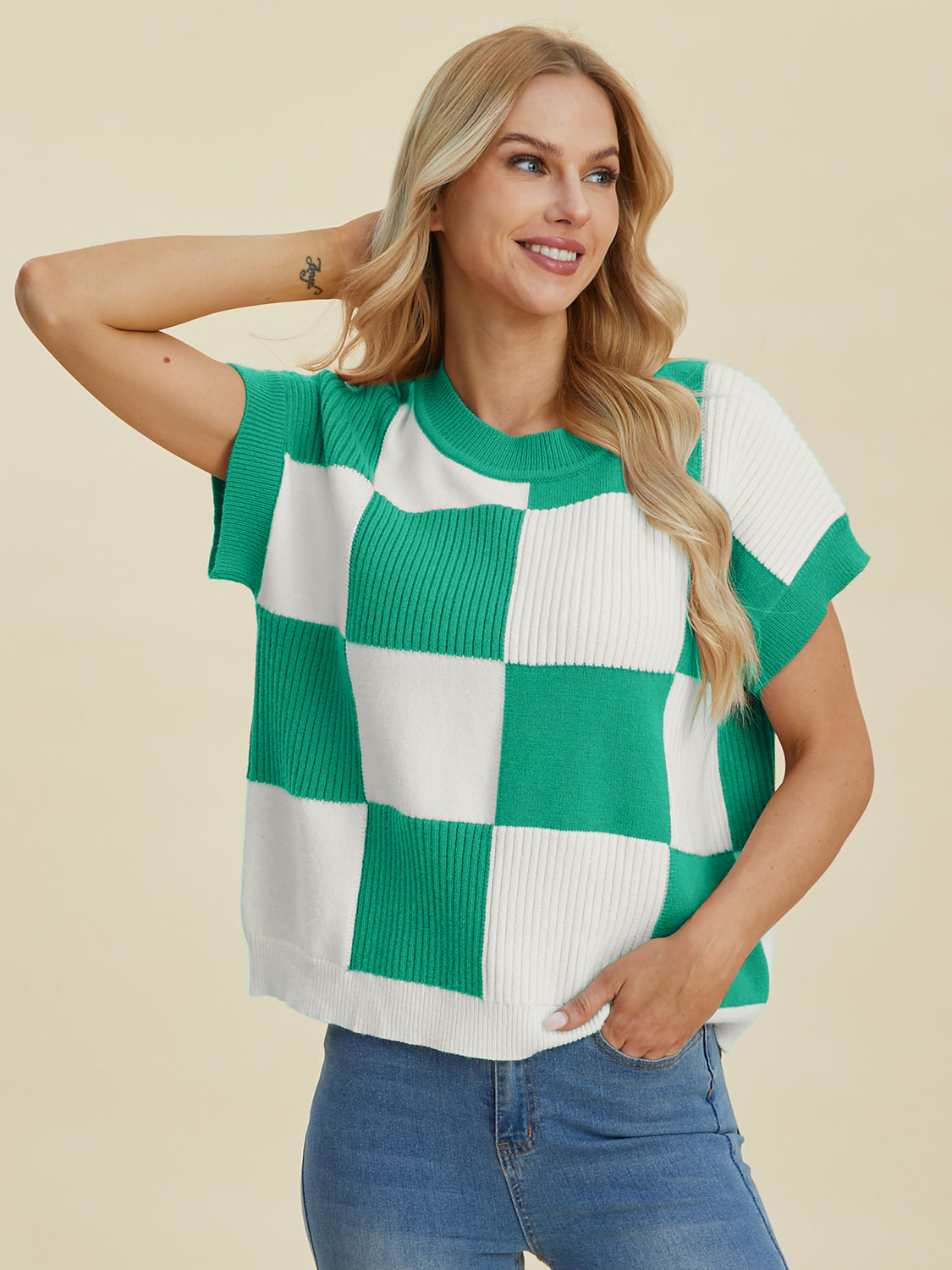 Double Take Full Size Checkered Round Neck Short Sleeve Sweater - Tigbul's Variety Fashion Shop