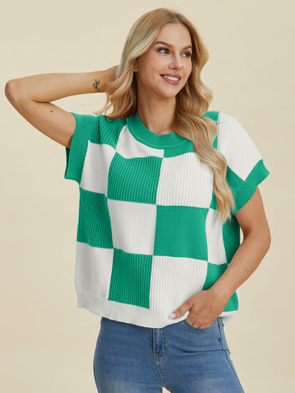 Double Take Full Size Checkered Round Neck Short Sleeve Sweater - Tigbul's Variety Fashion Shop