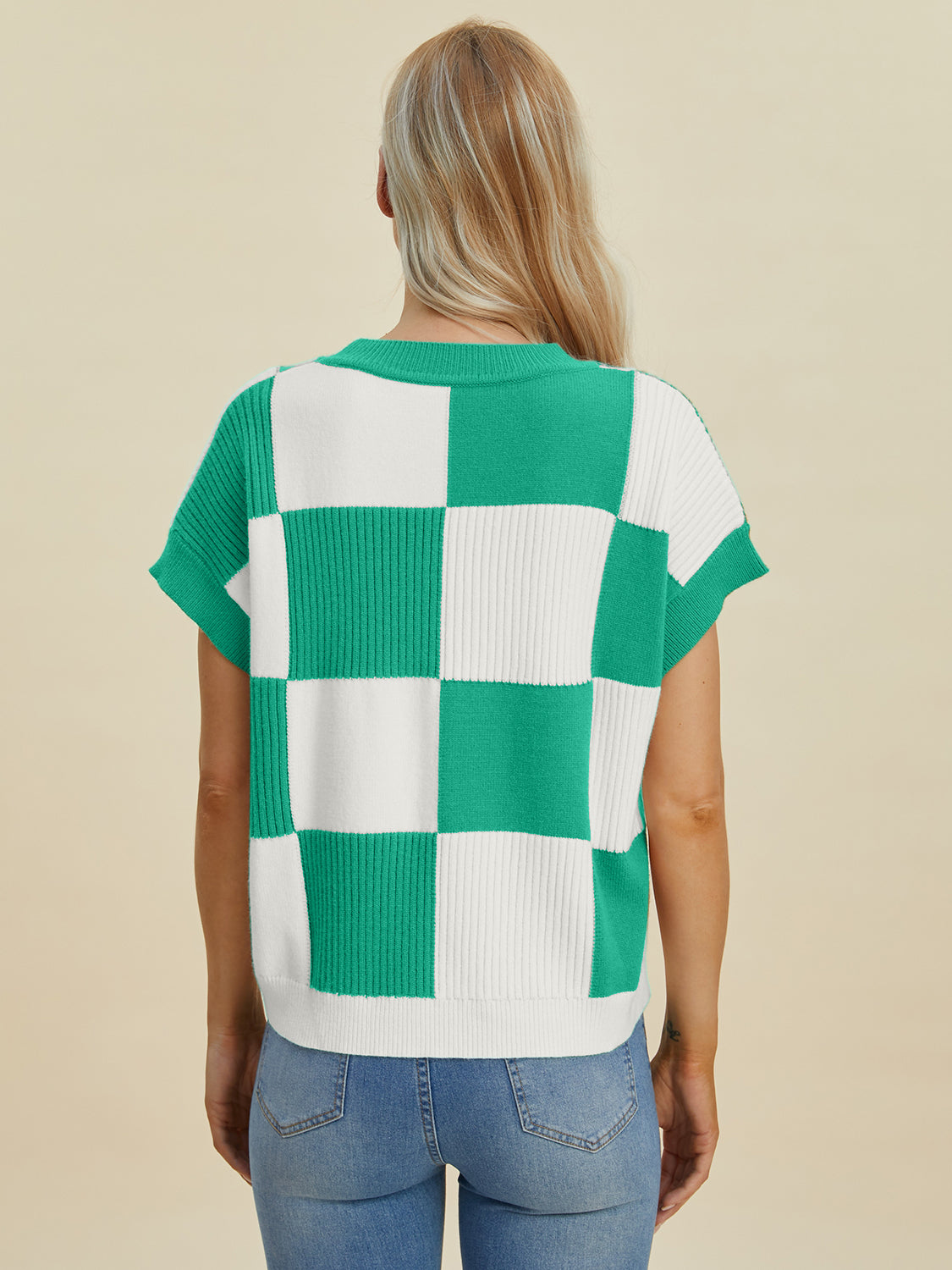 Double Take Full Size Checkered Round Neck Short Sleeve Sweater - Tigbul's Variety Fashion Shop