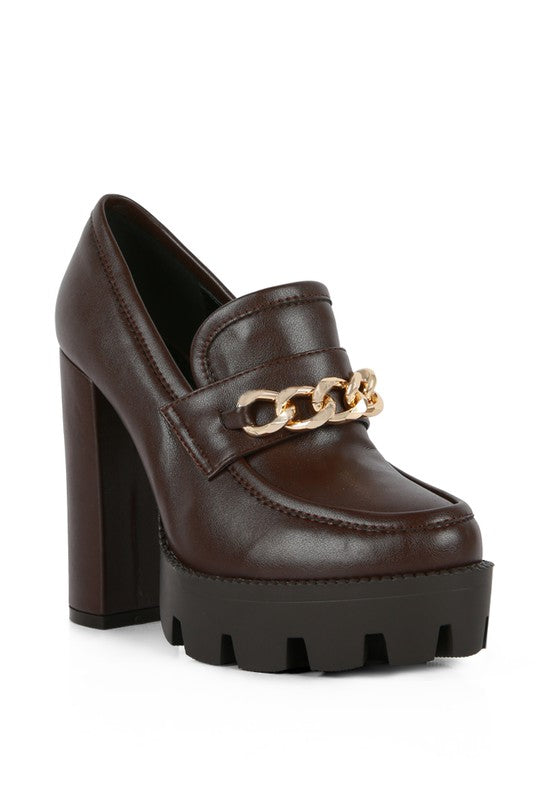 Chunky High Block Heeled Loafers in brown with gold chain detail
