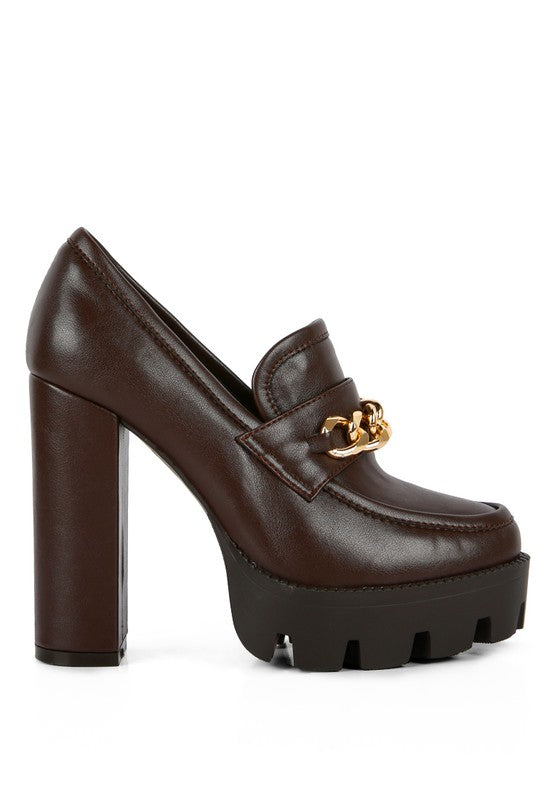 Chunky High Block Heeled Loafers, brown slip-on with chunky platform heel