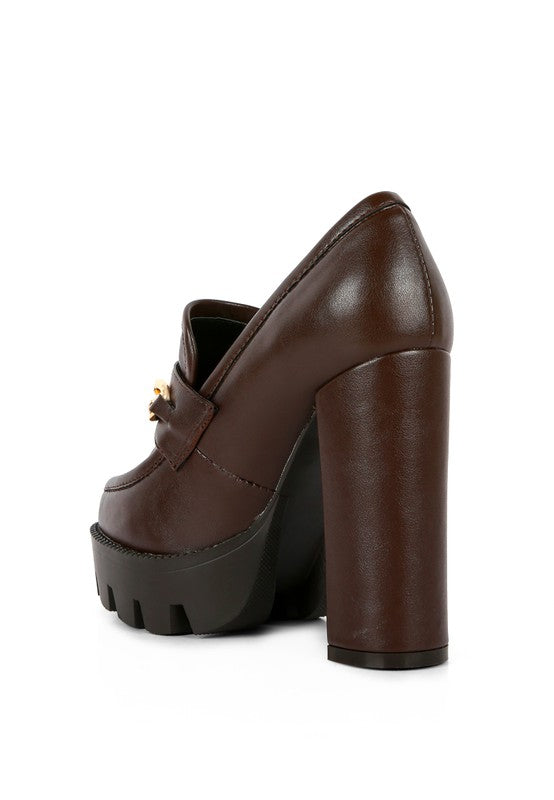 Chunky High Block Heeled Loafers, brown side view with platform and thick sole